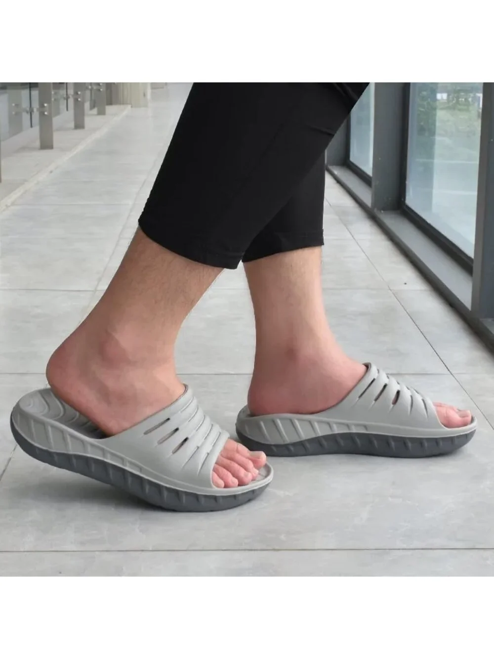 Men's Grey Recovery Orthotic Arch Support Open Toe Sport Slides Slipper Shoes